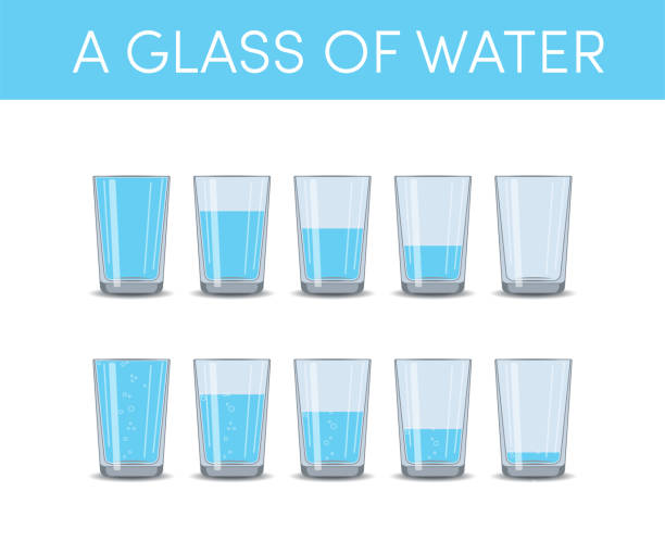 Glasses of water, vector set Glasses of water, vector set. Simple icons in cartoon style with different levels of water half full stock illustrations