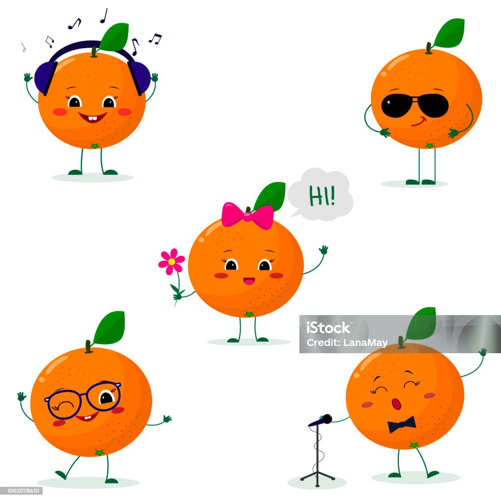 A set of five oranges Smiley in different poses in a cartoon style. A set of five oranges Smiley in a cartoon style. In headphones, in sunglasses, dancing in glasses , with a flower, singing into the microphone. Flat, vector. Anthropomorphic Face stock vector