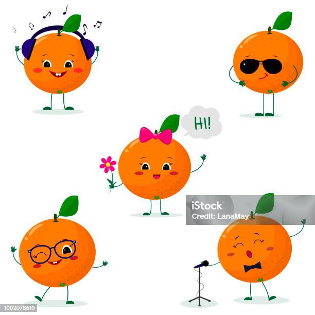 A Set Of Five Oranges Smiley In Different Poses In A Cartoon Style Stock Illustration - Download Image Now