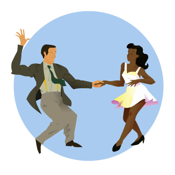 Dancers of Lindy hop. The man and the woman of different nationalities dance. People isolated on blue circular background. Poster for studio of dances. Flat vector illustration of people. Dancers of Lindy hop. The man and the woman of different nationalities dance. People isolated on blue circular background. Poster for studio of dances. Flat vector illustration of people. lindy hop stock illustrations