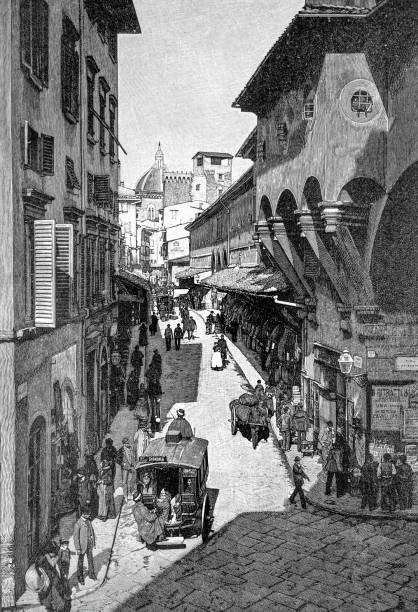 widok na ponte vecchio florencji w 1895 roku - ponte vecchio stock illustrations
