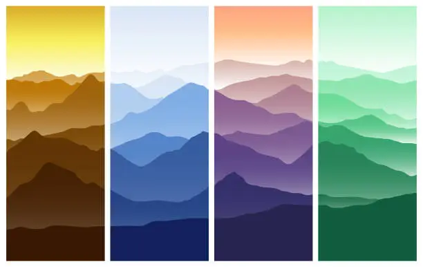 Vector illustration of Mountains landscape in four seasons. Autumn, Winter, Spring, Summer.