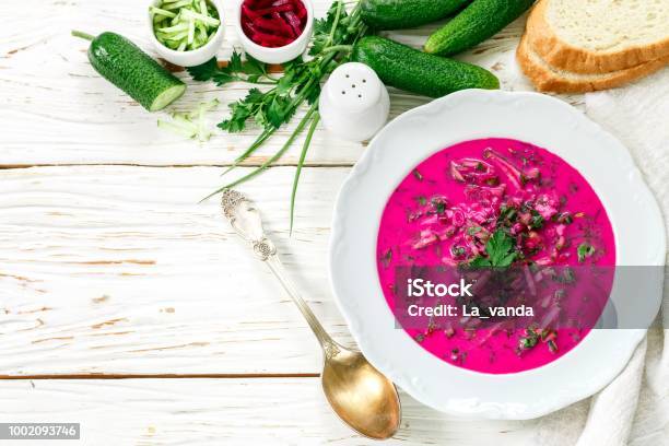 Cold Fresh Traditional Vegetable Summer Soup Made Of Beetroot Holodnik Borsch Stock Photo - Download Image Now