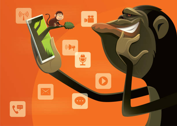 ilustraciones, imágenes clip art, dibujos animados e iconos de stock de chimpancé mirando mono vía smartphone - telephone chimpanzee monkey on the phone