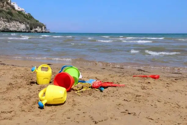 Beach toys set at Pizzomunno Beach in Gargano, Italy.