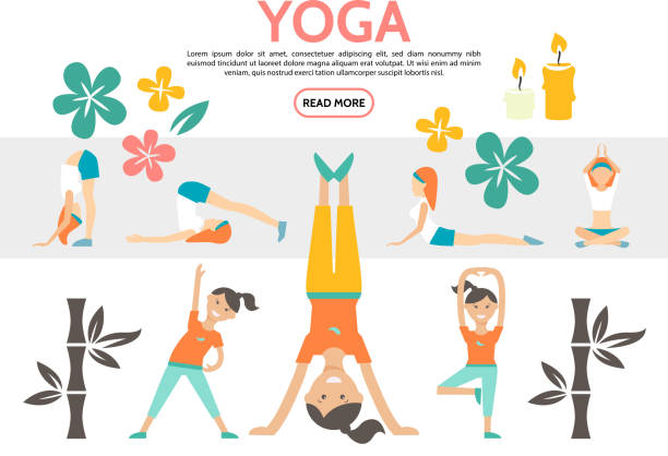 ilustraciones, imágenes clip art, dibujos animados e iconos de stock de conjunto de elementos de yoga plana - health spa illustration and painting women beautiful