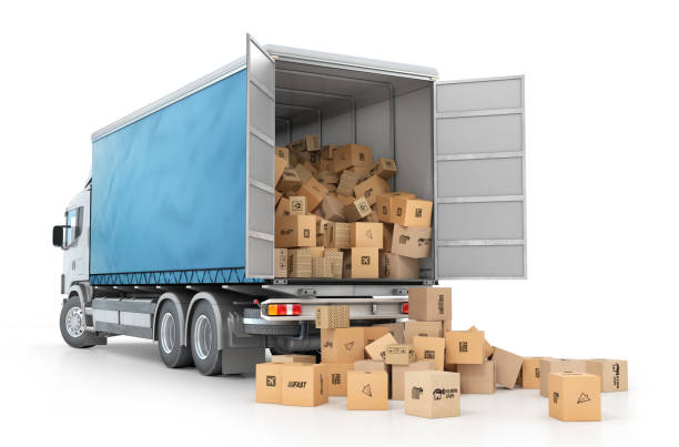 istock Delivery concept. Cardboard boxes drop out from the transport isolated on a white background. 3d illustration 1002109568