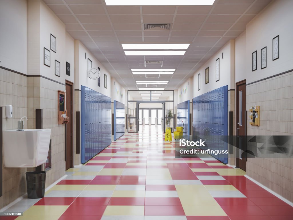 illustration 3d intérieur du School-couloir - Photo de Établissement scolaire libre de droits