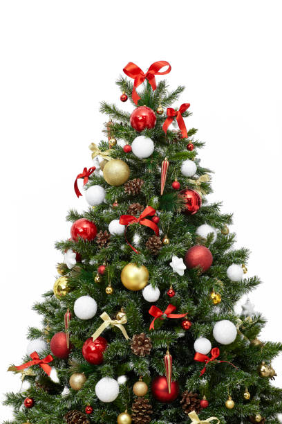 istock Beautiful christmas tree with colorful ornaments isolated on a white background, studio shot 1002112048
