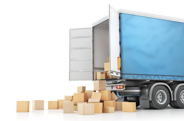 istock Delivery concept. Cardboard boxes drop out from the transport isolated on a white background. 3d illustration 1002113044