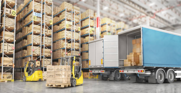 Transport for delivery on a warehouse background. 3d illustration Transport for delivery on a warehouse background. 3d illustration trucking stock pictures, royalty-free photos & images