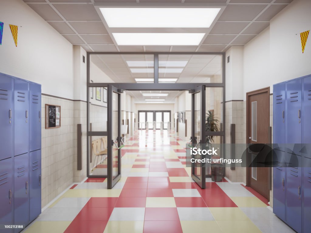 interiores 3d ilustración de la escuela pasillo - Foto de stock de Edificio escolar libre de derechos