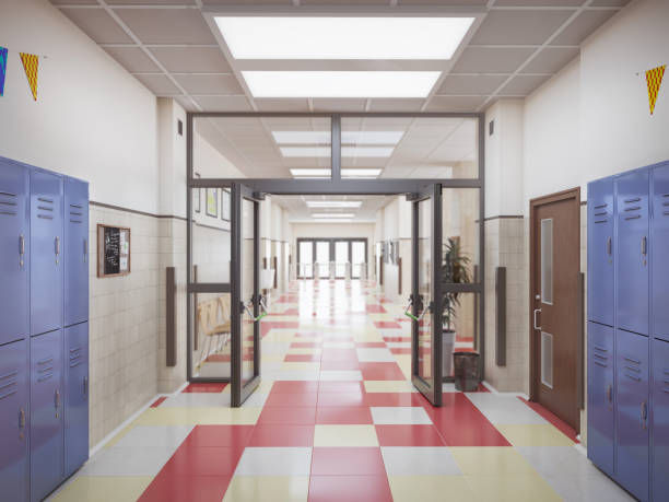 学校の廊下のインテリア 3 d イラスト - locker room ストックフォトと画像