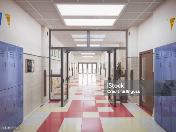 学校の廊下のインテリア 3 D イラスト - 校舎のストックフォトや画像を多数ご用意 - 校舎, 教育, 廊下