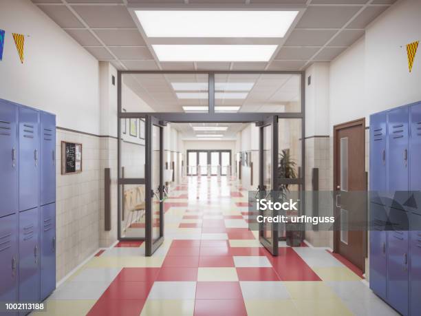 School Hallway Interior 3d Illustration Stock Photo - Download Image Now - School Building, Education, Corridor