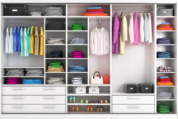 Dressing room in bright colors. Closet compartment. 3d illustration Dressing room in bright colors. Closet compartment. 3d illustration arrangement stock pictures, royalty-free photos & images
