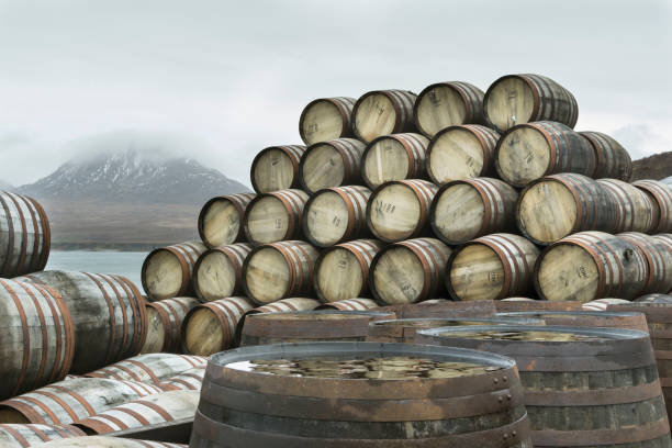 beczki whisky w destylarni bunnahabhain, islay luty 2017 - whisky barrel distillery hard liquor zdjęcia i obrazy z banku zdjęć