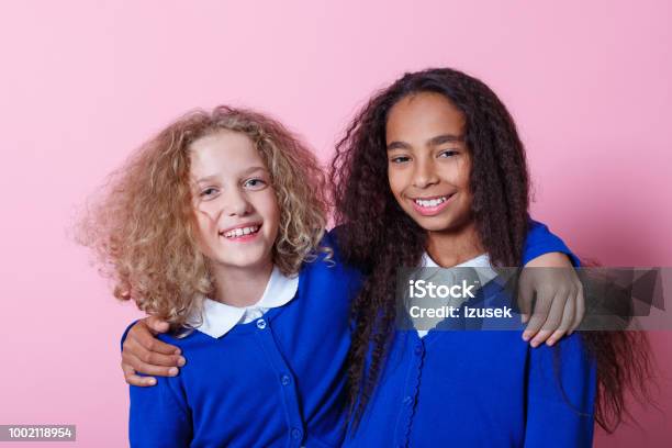 Portrait Of Cute And Happy Multi Ethnic Schoolgirls Stock Photo - Download Image Now