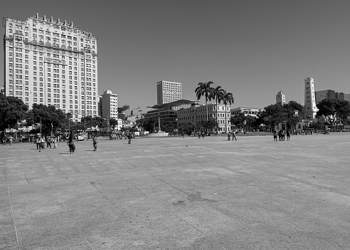 View of the public promenade of Praca Maua, Rio de Janeiro, Brazil. Museu do Amanha (Museum of Tomorrow) is behind. Black and white rendering