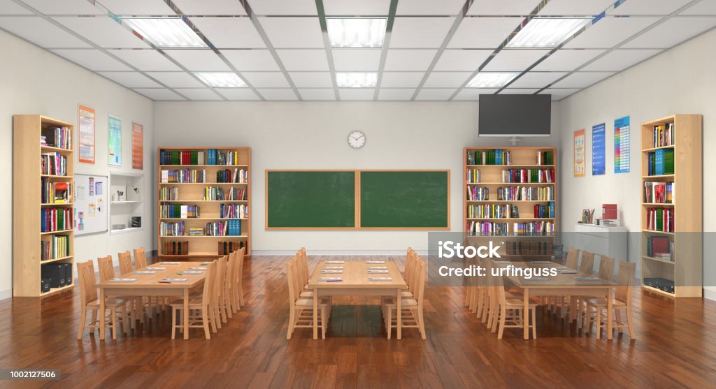 Classroom interior. 3D illustration. Classroom Stock Photo