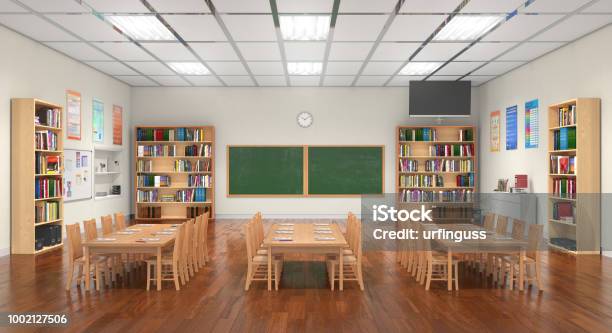 Classroom Interior 3d Illustration Stock Photo - Download Image Now - Classroom, Empty, Wall - Building Feature