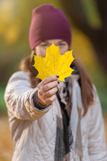 istock Young woman in knitted hat with yellow leaf 1002130850