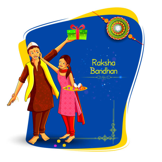 stockillustraties, clipart, cartoons en iconen met broer en zus koppelverkoop rakhi ingericht voor indiase festival raksha bandhan - broer en zus