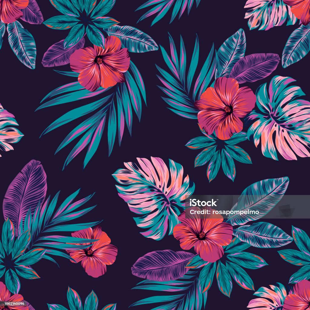 Vector jungle pattern, seamless design. Dark beautiful botanical elements, juicy colors, black background. Intricate vector illustrations,. editable elements, allover composition. Flower stock vector