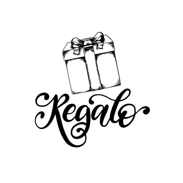 Vector illustration of Regalo, vector hand lettering. Translation from Spanish of word Gift. Vector calligraphy on gift box background.