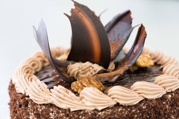 chocolate brown cake with biscuit crumbs, chocolate leaves and walnuts - biscuit brown cake unhealthy eating imagens e fotografias de stock