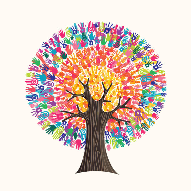 illustrations, cliparts, dessins animés et icônes de impression de main coloré concept d’arborescence à l’aide sociale - mixed culture