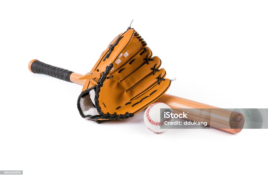 Baseball bat, ball and glove isolated over white Baseball glove,bat and ball Baseball Bat Stock Photo