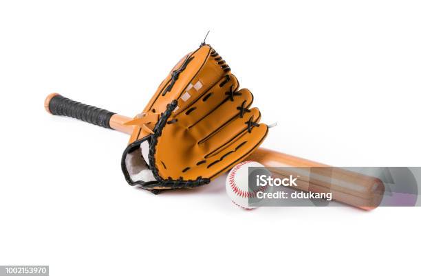 Baseball Bat Ball And Glove Isolated Over White Stock Photo - Download Image Now - Baseball Bat, Glove, Baseball - Ball