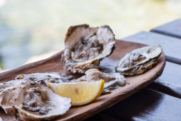 istock Oysters with lemon on wooden plate. 1002154054