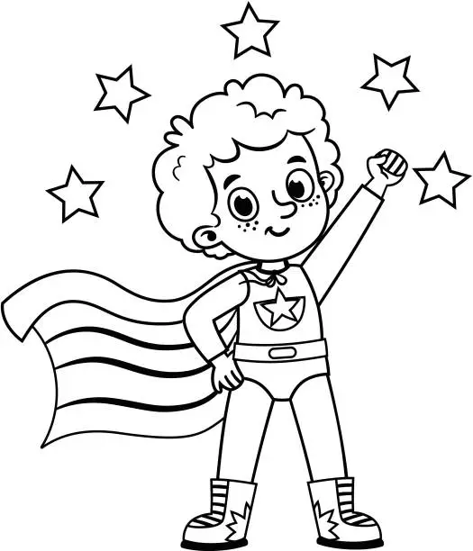 Vector illustration of Black and white super hero character  for painting activity. Isolated on white. Vector illustration.