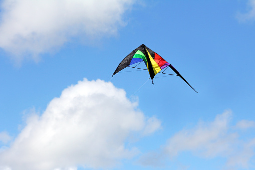A flying kite in the sky. A kite flies in the wind in autumn