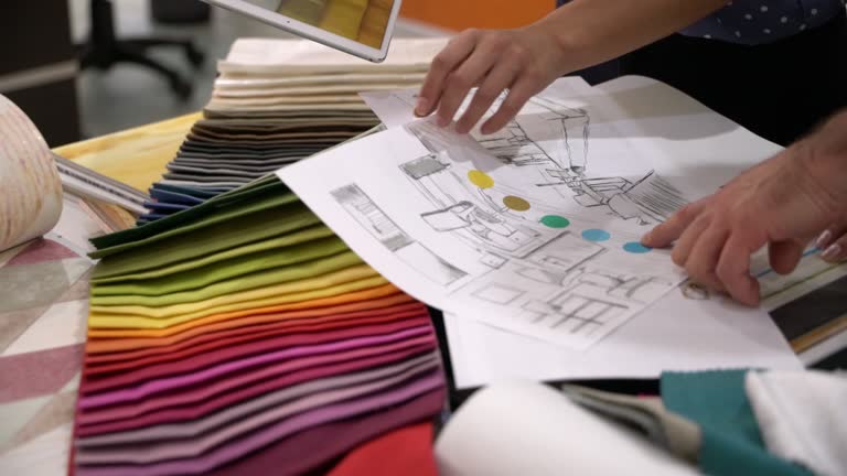 Unrecognizable people working on an interior design using fabric swatches while pointing at a design