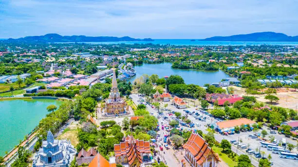 Aerial view  Wat Chalong or formally Wat Chaiyathararam in Phuket, Thailand