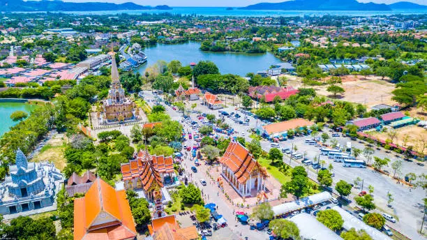 Aerial view  Wat Chalong or formally Wat Chaiyathararam in Phuket, Thailand