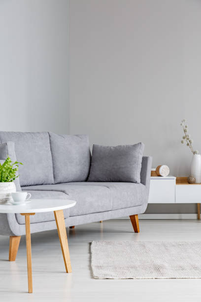 istock Real photo of a grey sofa standing between a small table and a shelf in a simple, grey living room interior 1002176456