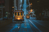 Historic San Francisco Cable Cars on famous California Street at twilight, California, USA