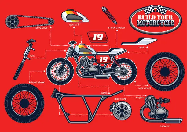 Vector illustration of build your racing motorcycle with separated parts