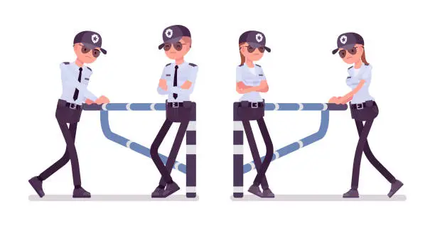 Vector illustration of Male and female security guard at mechanical barrier