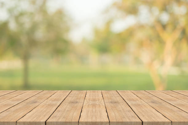 istock Empty wood table top on nature green blurred background at garden,space for montage show products 1002201330