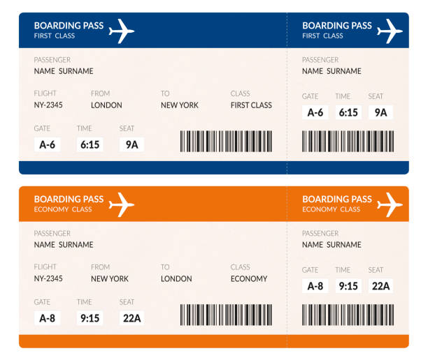 Airline Tickets Airline boarding pass ticket illustration with barcode isolated on white background. Concept of travel, journey and business. airplane ticket stock pictures, royalty-free photos & images