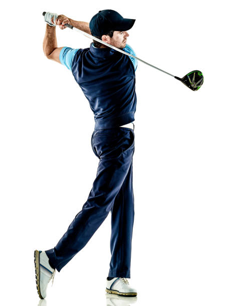 man golfer golfing isolated withe background one caucasian man golfer golfing in studio isolated on white background golfer stock pictures, royalty-free photos & images