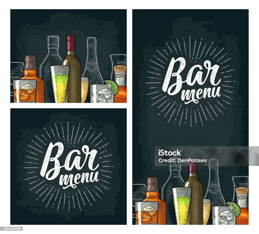 Template for Bar menu alcohol drink. Horizontal and vertical template for Bar menu alcohol drink with calligraphic handwriting lettering. Bottle and glass gin, vodka, tequila, wine, whiskey, rum. Vintage color vector engraving on dark Menu stock vector