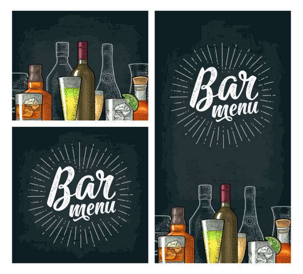 Template for Bar menu alcohol drink. Horizontal and vertical template for Bar menu alcohol drink with calligraphic handwriting lettering. Bottle and glass gin, vodka, tequila, wine, whiskey, rum. Vintage color vector engraving on dark chalkboard menu template stock illustrations