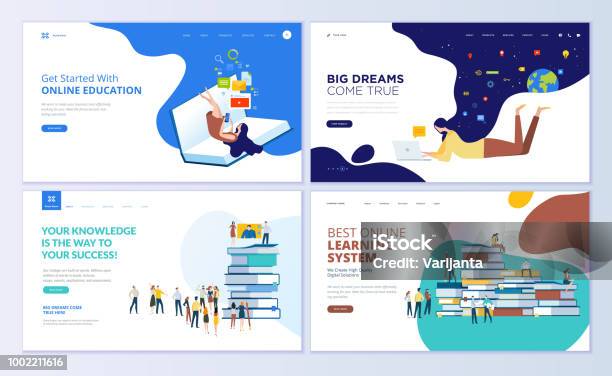 Set Of Web Page Design Templates For Online Education Training And Courses Learning Video Tutorials Stock Illustration - Download Image Now