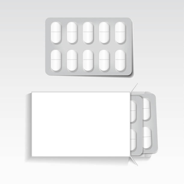 weißes paket mit ovalen tabletten blister pack arzneimittel mock-up vektor vorlage. schmerzmittel, antibiotika, vitamine, aspirin-tabletten - pill box stock-grafiken, -clipart, -cartoons und -symbole